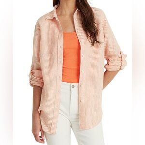 NWT Women LAUREN RALPH LAUREN Peach White Striped 100% Linen Shirt Small